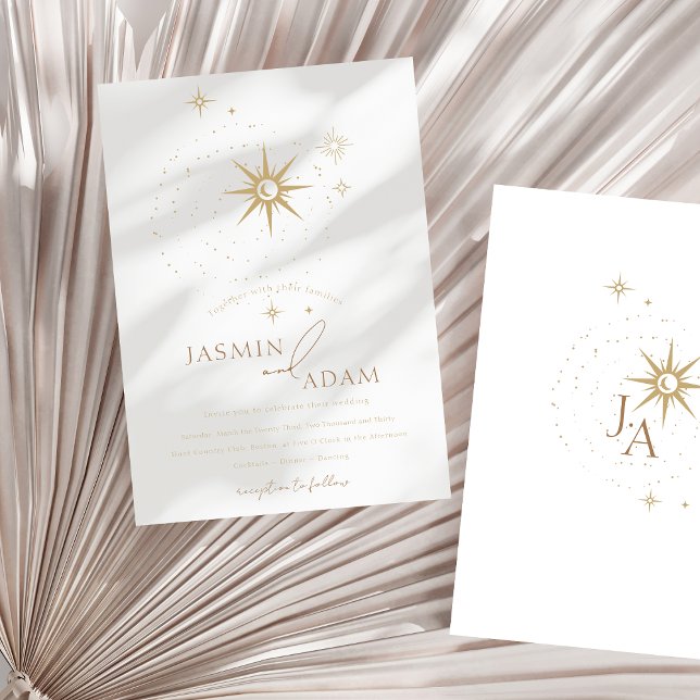 Elegant Gold Celestial Stars Minimal Wedding Invitation (Celestial White Stars and Gold Wedding Foil Invitation)