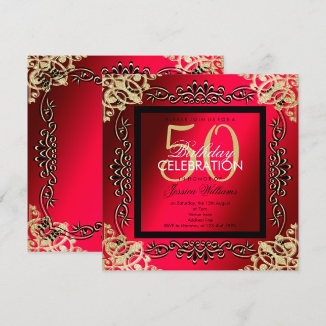 Elegant Gold & Cerise Women's 50th Birthday Invitation (Front/Back)