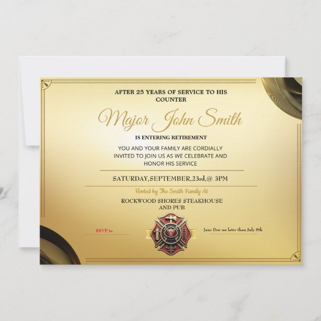 Elegant Gold Certificate Firefighter Retirement  Invitation (Front)