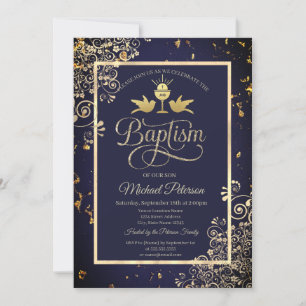 Elegant Gold Chalice Lace Navy Blue Baptism Invitation