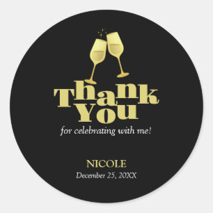 Elegant Gold Champagne Black Birthday Thank You Classic Round Sticker