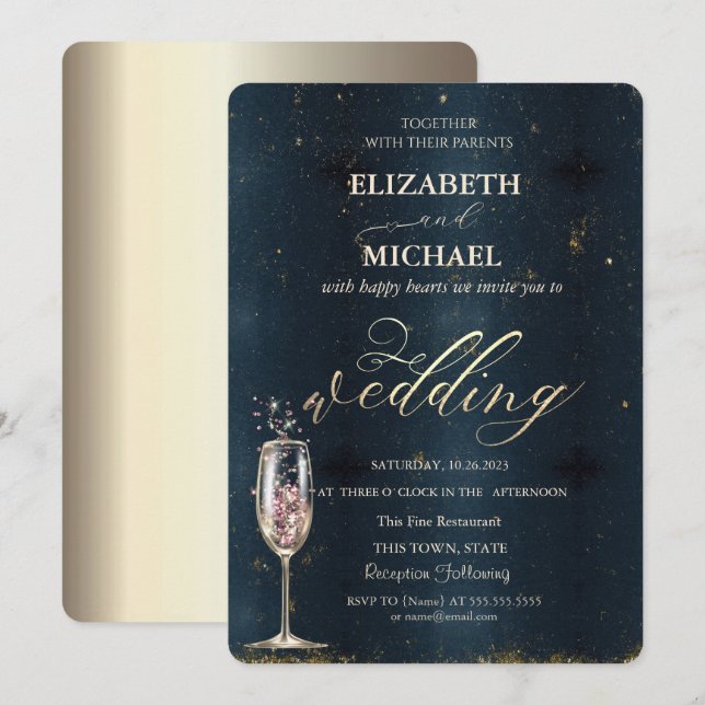 Elegant Gold Champagne Glass Dark Blue Wedding Invitation (Front/Back)