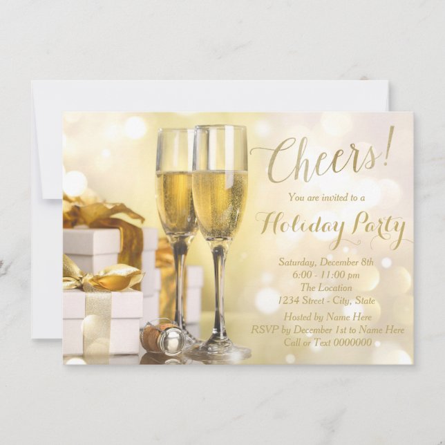Elegant Gold Champagne Holiday Party Invitation (Front)