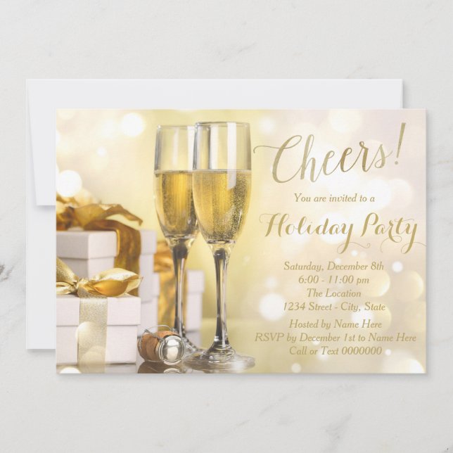 Elegant Gold Champagne Holiday Party Invitation (Front)