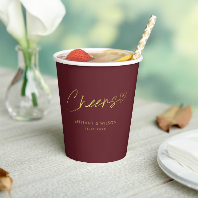 Elegant Gold Cheers Personalised Burgundy Wedding Paper Cups (Insitu)