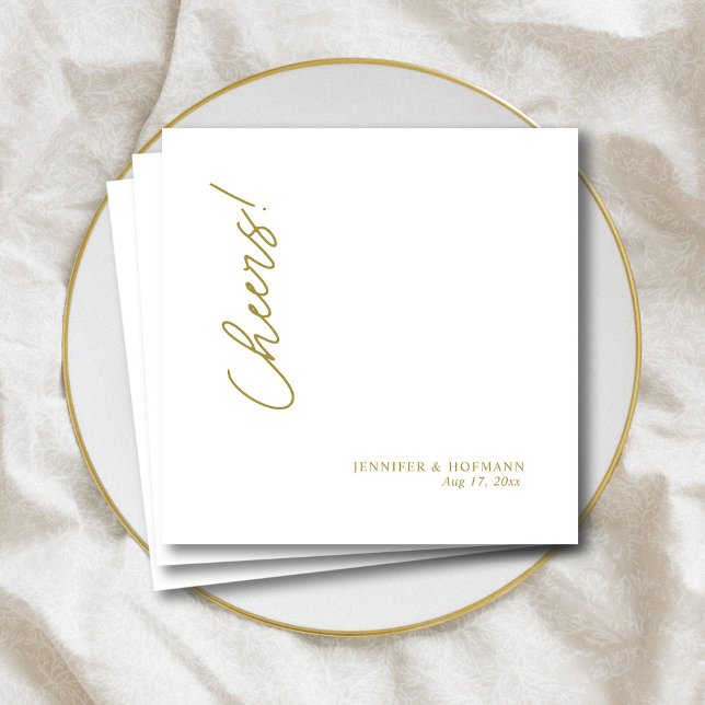 Elegant Gold "Cheers!" Personalised White Wedding Napkin (Elegant Gold "Cheers!" Personalized White Wedding Napkins)
