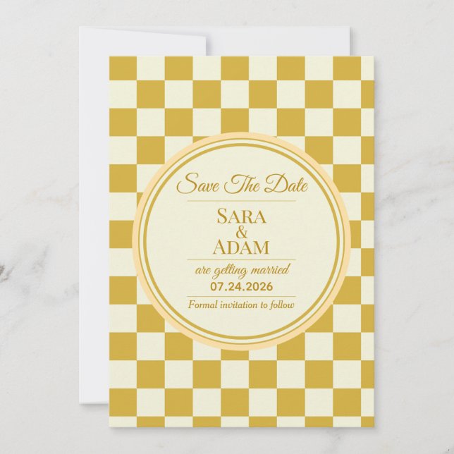 Elegant Gold Chequerboard Save the Date Card (Front)