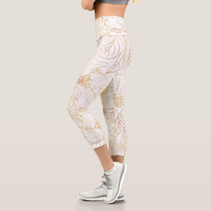 Elegant Gold Cherry Blossom Flowers White Design Capri Leggings