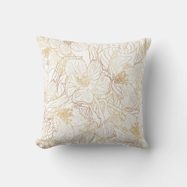 Elegant Gold Cherry Blossom Flowers White Design Cushion (Front)