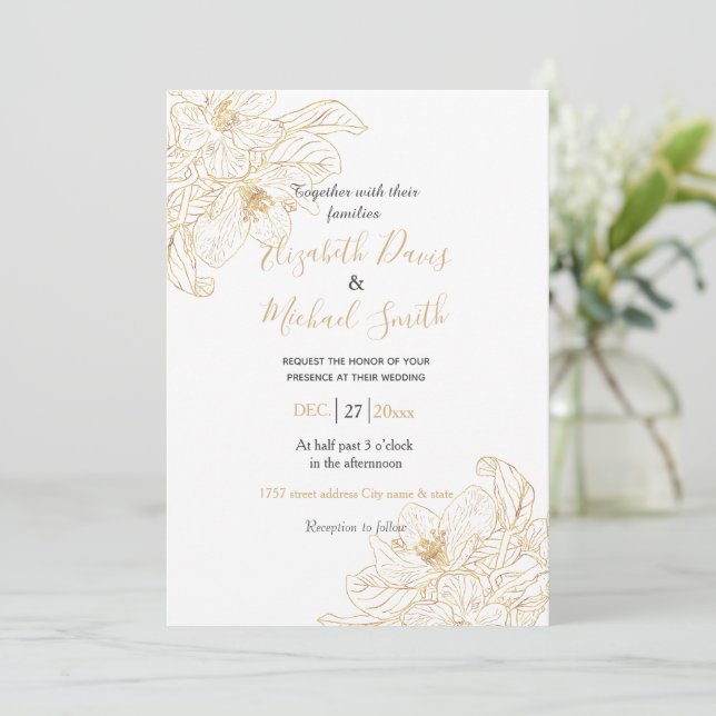 Elegant Gold Cherry Blossom Flowers White Design Invitation (Standing Front)