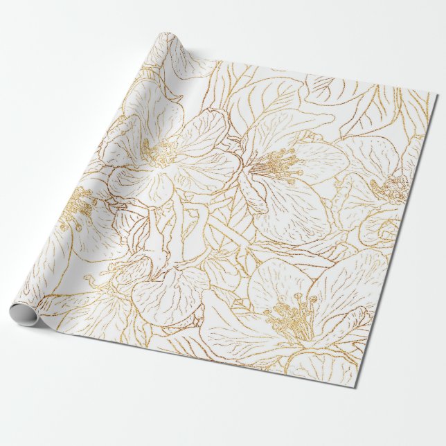 Elegant Gold Cherry Blossom Flowers White Design Wrapping Paper (Unrolled)
