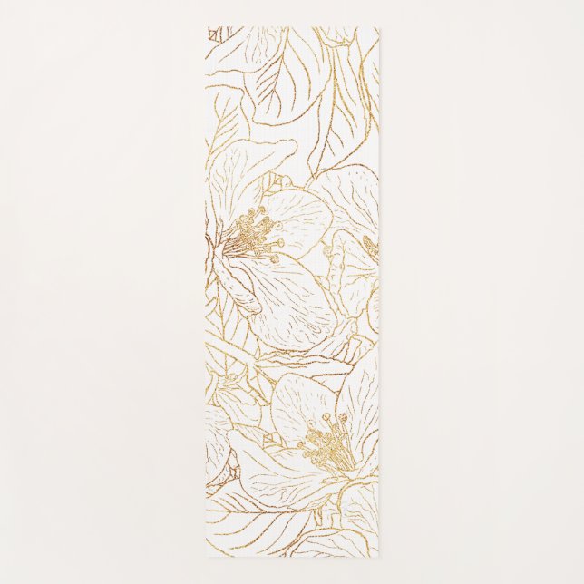 Elegant Gold Cherry Blossom Flowers White Design Yoga Mat (Front)