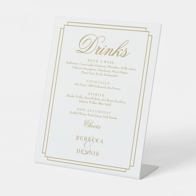 Elegant Gold Chic Art Deco Wedding Drinks Menu Pedestal Sign (Front)