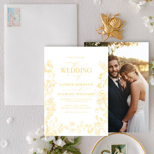 Elegant Gold Chinoiserie Floral Photo Wedding Invitation