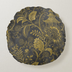 Elegant Gold Chinoiserie Floral Vintage Pagoda Round Cushion
