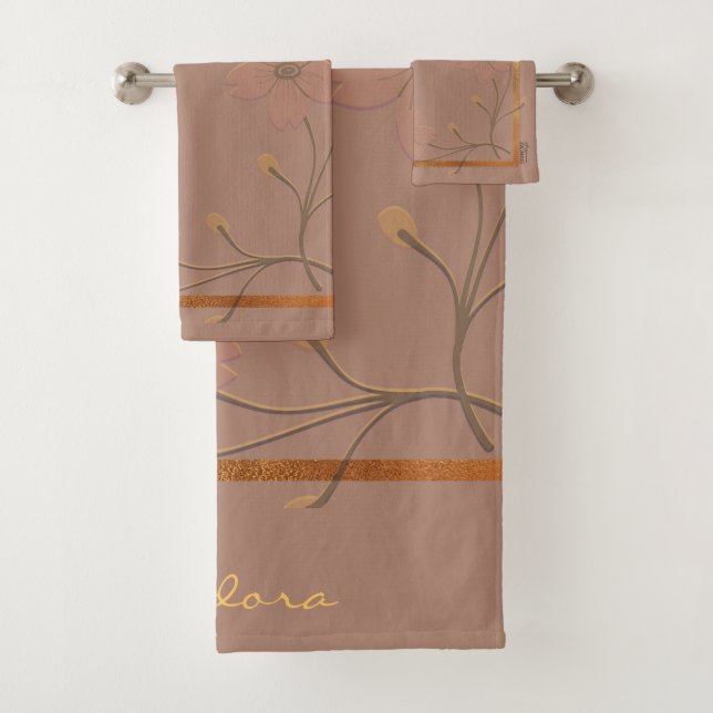 Elegant Gold Chocolate Abstract Floral Bath Towel Set (Insitu)