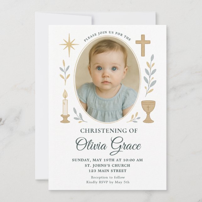 Elegant Gold Christening Invitation for Girl (Front)