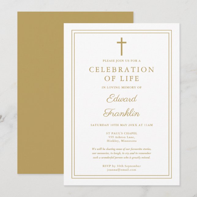 Elegant Gold Christian Celebration Of Life Funeral Invitation (Front/Back)
