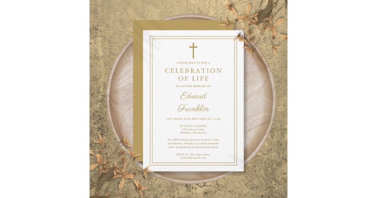 Last Rites Invitation Elegant Gold Christian Celebration Of Life Funeral Invitation | Zazzle
