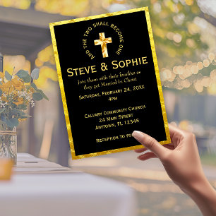 Elegant Gold Christian Cross Black Wedding Invitation