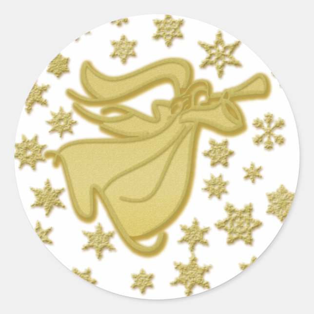 Elegant gold Christmas angel greetings wishes Classic Round Sticker (Front)