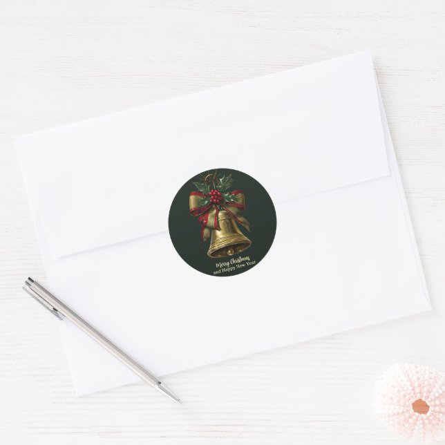 Elegant Gold Christmas Bell with Festive Bow Holly Classic Round Sticker (Envelope)
