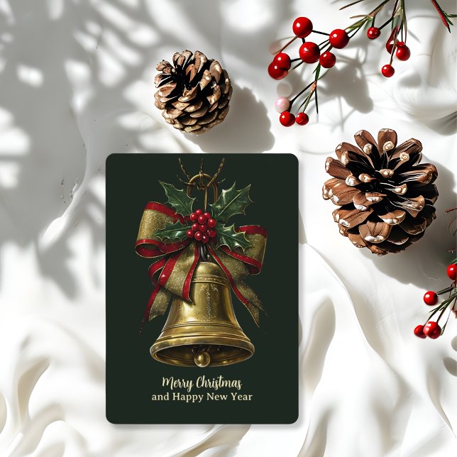Elegant Gold Christmas Bell with Festive Bow Holly Holiday Card (Creator Uploaded)