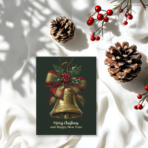 Elegant Gold Christmas Bell with Festive Bow Holly Holiday Postcard