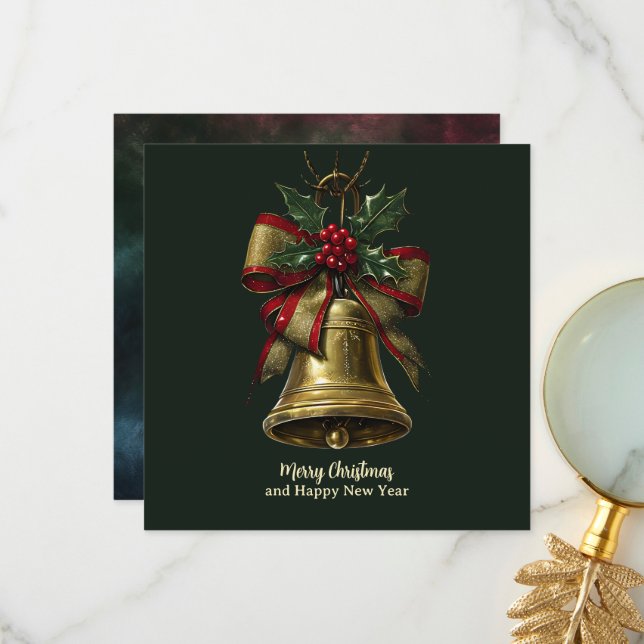 Elegant Gold Christmas Bell with Festive Bow Holly Thank You Card (Front/Back In Situ)