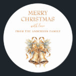 Elegant Gold Christmas Bells Custom Classic Round Sticker<br><div class="desc">Introducing our elegant Christmas holiday sticker label, the perfect addition to your holiday gift packaging. Our label features two elegant gold bells, which symbolise the joy and cheer of the holiday season. The words "Merry Christmas" are written in a beautiful typography font, adding a touch of sophistication and elegance to...</div>