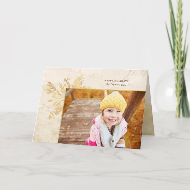 Elegant Gold Christmas Botanical Photo Holiday Card (Front)