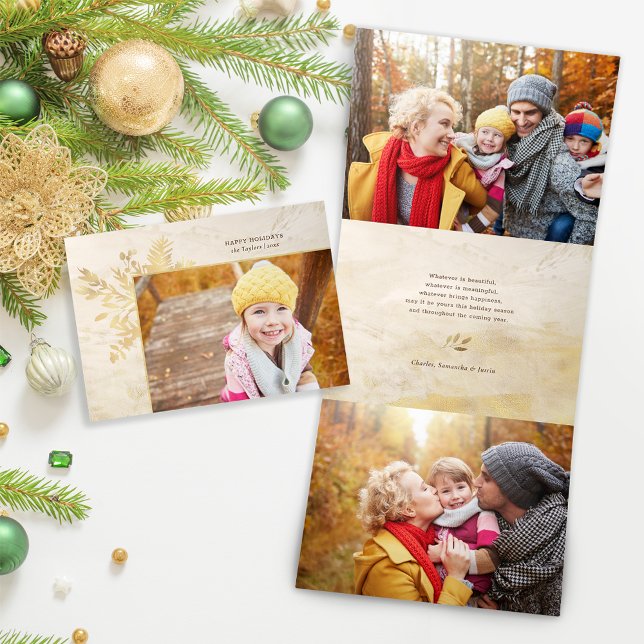 Elegant Gold Christmas Botanical Photo Tri-Fold Holiday Card (Creator Uploaded)
