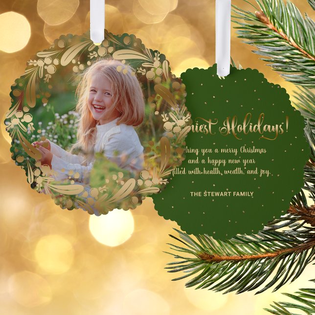 Elegant Gold Christmas Botanical Wreath Photo Tree Decoration Card (Creator Uploaded)