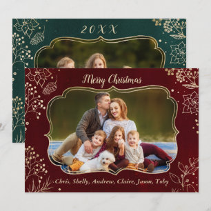 Elegant Gold Christmas Floral 2 Photo Frame Holiday Card