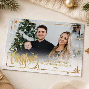 Elegant Gold Christmas Overlay Photo Snowflake Holiday Card
