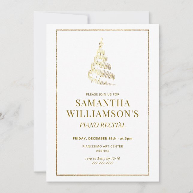 Elegant Gold Christmas Piano Recital & Program Invitation (Front)