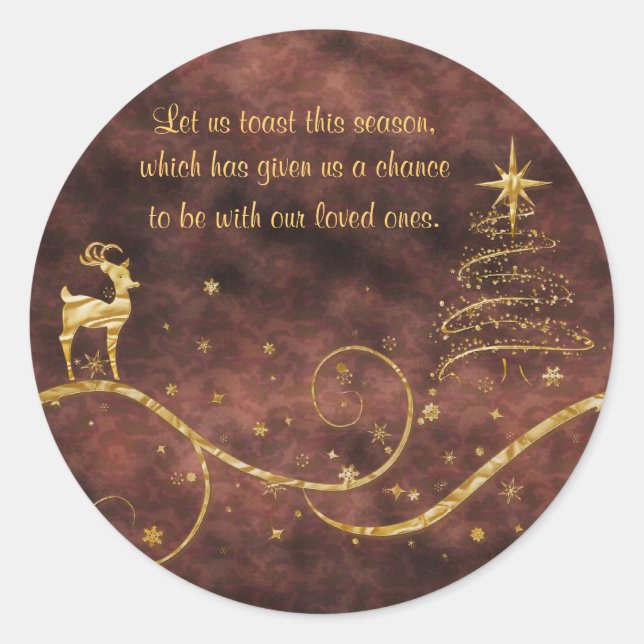 Elegant gold Christmas reindeer greetings wishes Classic Round Sticker (Front)