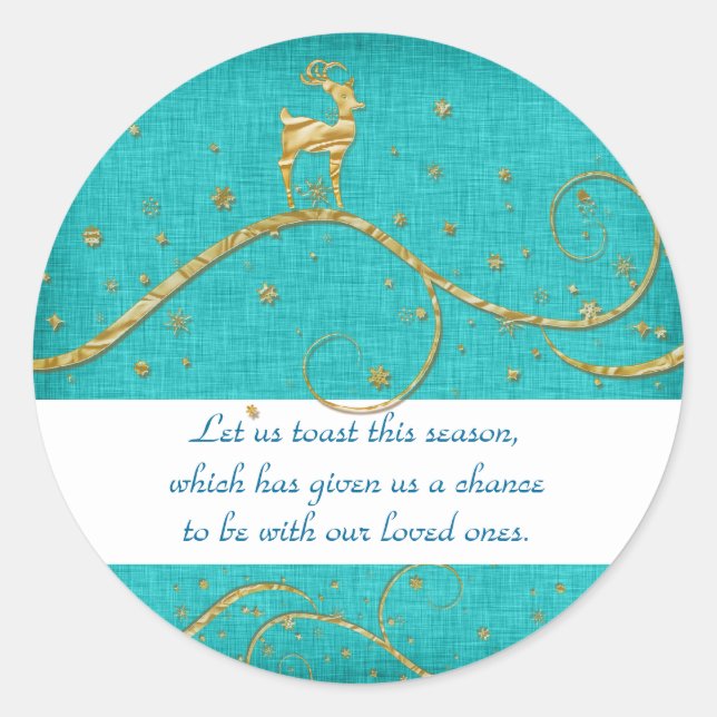 Elegant gold Christmas reindeer greetings wishes Classic Round Sticker (Front)