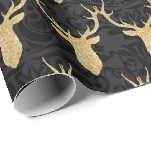 Image of Elegant Gold Christmas Reindeer on black Damask Wrapping Paper