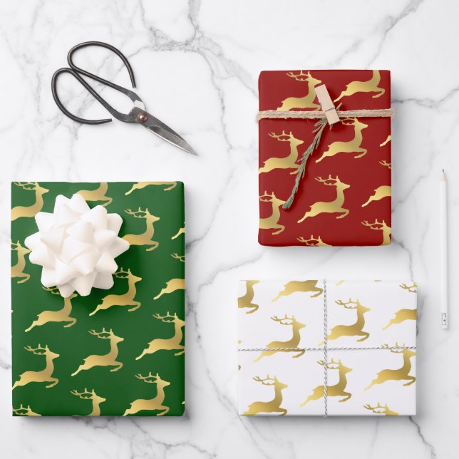 Elegant Gold Christmas Reindeer Pattern Wrapping Paper Sheet (Front)