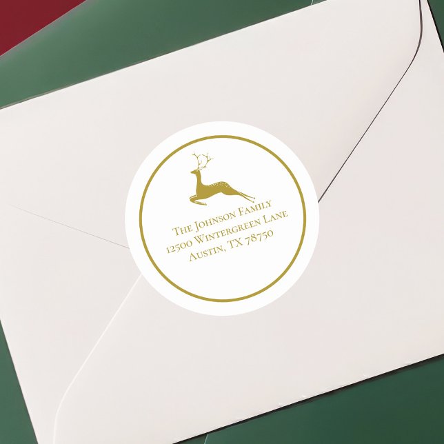 Elegant Gold Christmas Reindeer Return Address Classic Round Sticker (Creator Uploaded)
