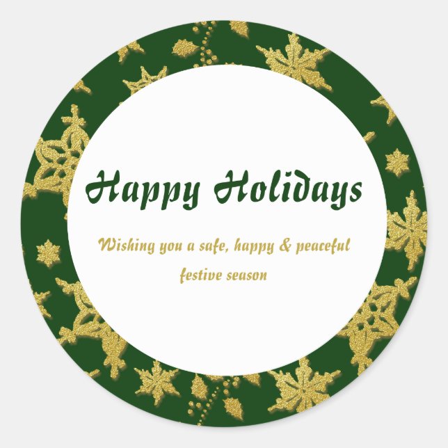 Elegant gold Christmas snowflake greetings Classic Round Sticker (Front)