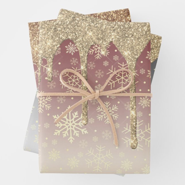 Elegant Gold Christmas Snowflake Pattern Dripping Wrapping Paper Sheet (In situ)