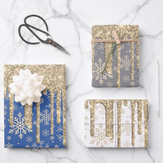 Elegant Gold Christmas Snowflake Pattern Dripping  Wrapping Paper Sheet (Front)