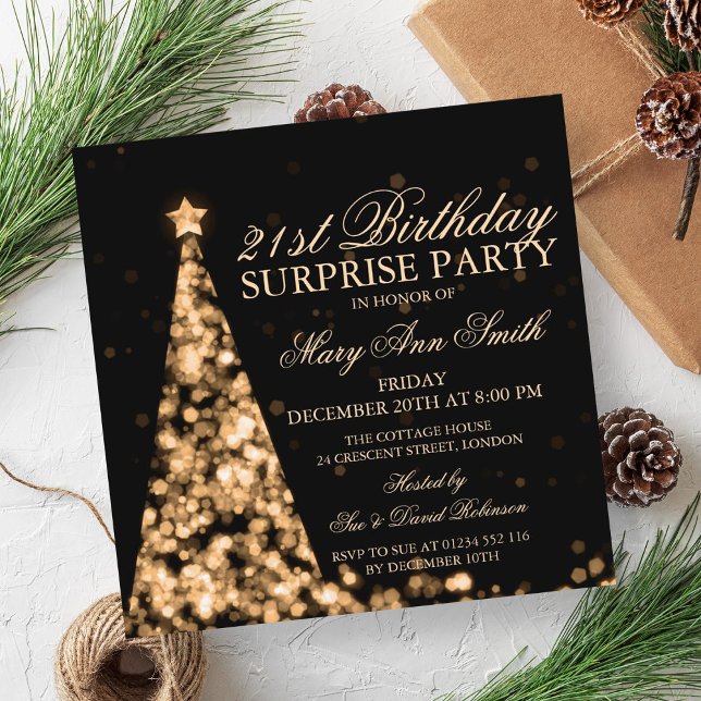 Elegant Gold Christmas Surprise 21st Birthday Invitation (Elegant Gold Christmas Surprise 21st Birthday Invitation)