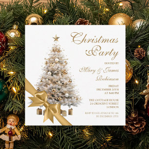 Elegant Gold Christmas Tree & Bow Holiday Party  Invitation