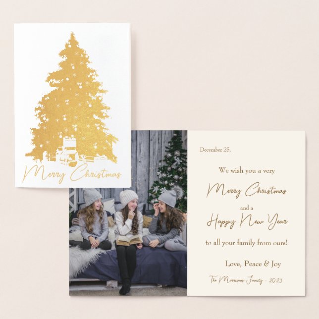 Elegant Gold Christmas Tree & Gifts Photo Real Foil Card (Display)