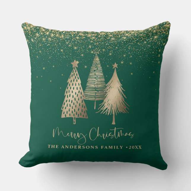 Elegant Gold Christmas Tree Glitter Snow Cushion (Front)
