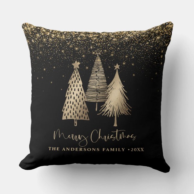 Elegant Gold Christmas Tree Glitter Snow Cushion (Front)