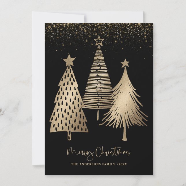Elegant Gold Christmas Tree Glitter Snow  Holiday Card (Front)
